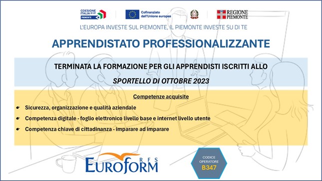 APPRENDISTATO PROFESSIONALIZZANTE (Regione Piemonte). Terminate le attività formative dello Sportello di Ottobre 2023
