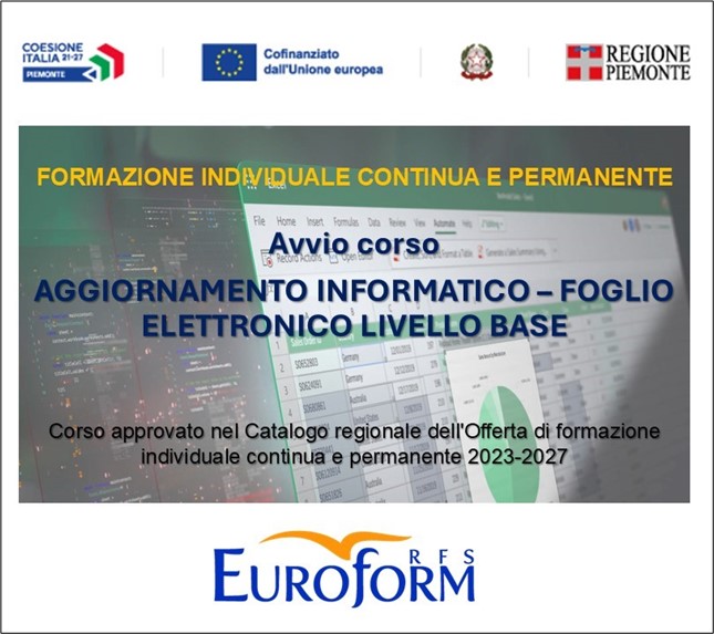 FORMAZIONE INDIVIDUALE CONTINUA E PERMANENTE – Avvio corso AGGIORNAMENTO INFORMATICO – FOGLIO ELETTRONICO LIVELLO BASE – Sportello 3 – Luglio 2024
