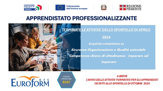 APPRENDISTATO PROFESSIONALIZZANTE (Regione Piemonte) – Terminate le attività formative dello Sportello di Aprile 2024
