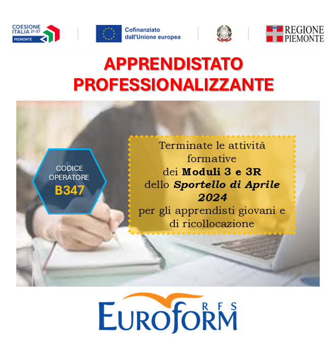 APPRENDISTATO PROFESSIONALIZZANTE (Regione Piemonte) – Terminate le attività formative dei Moduli 3 e 3R dello Sportello di Aprile 2024