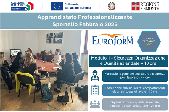 APPRENDISTATO PROFESSIONALIZZANTE (Regione Piemonte) – AVVIO ATTIVITA’ FORMATIVE – SPORTELLO FEBBRAIO 2025 (CDE 2552) – Modulo 1