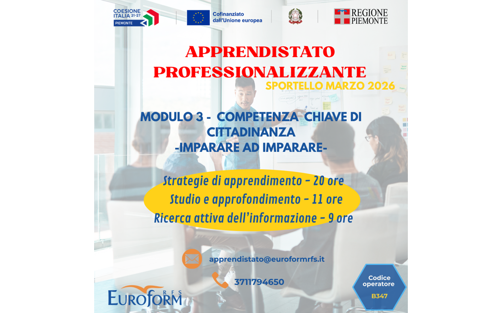 APPRENDISTATO PROFESSIONALIZZANTE (Regione Piemonte) – Avvio Modulo 3 – Sportello Marzo 2026